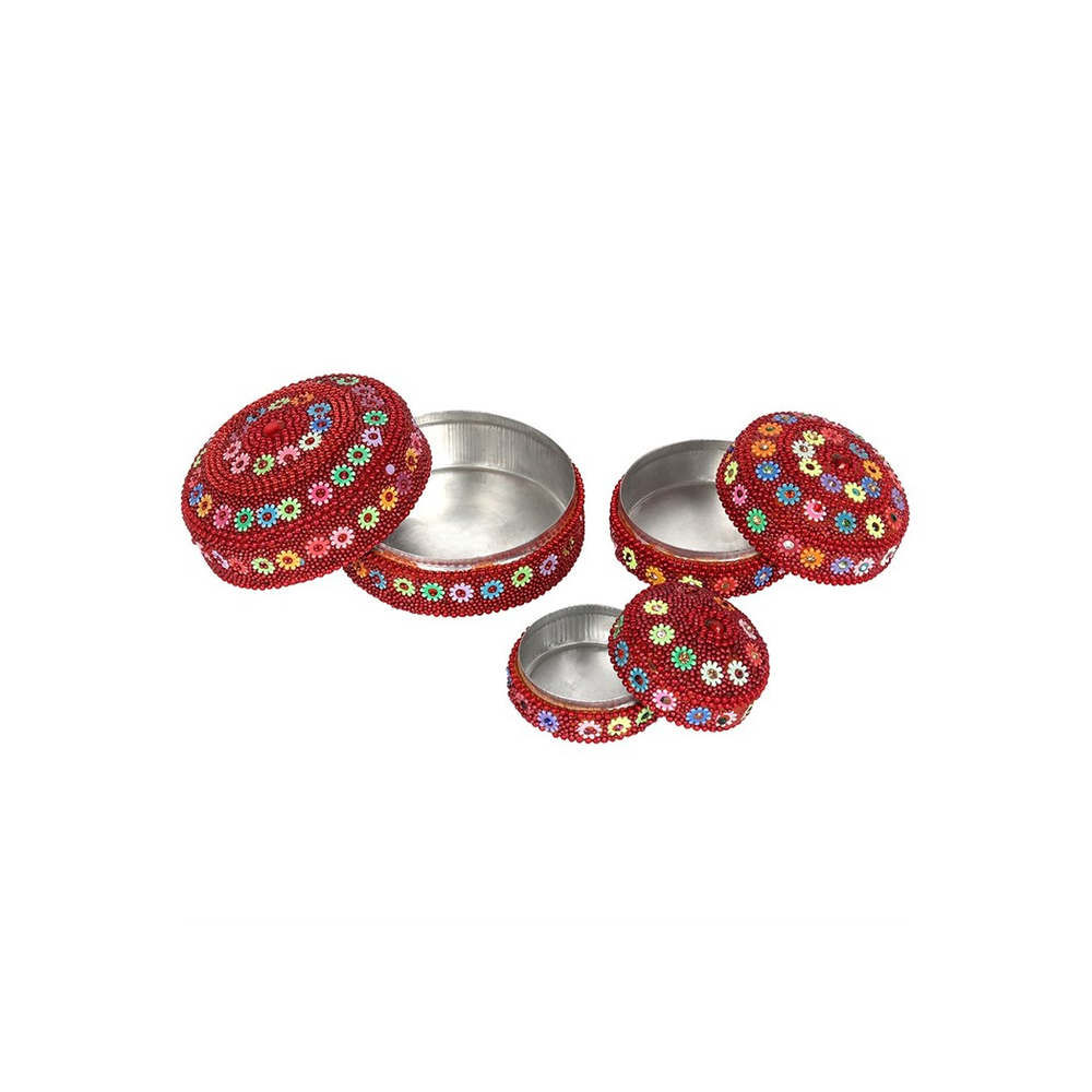 Set of 12 Red Beaded Trinket Boxes