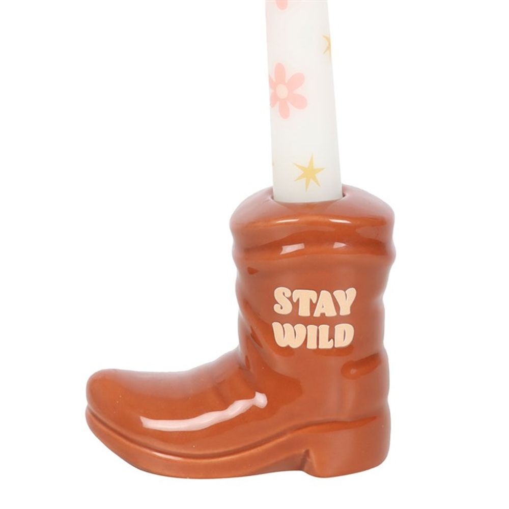Brown Cowboy Boot Candle Holder with Taper Candle