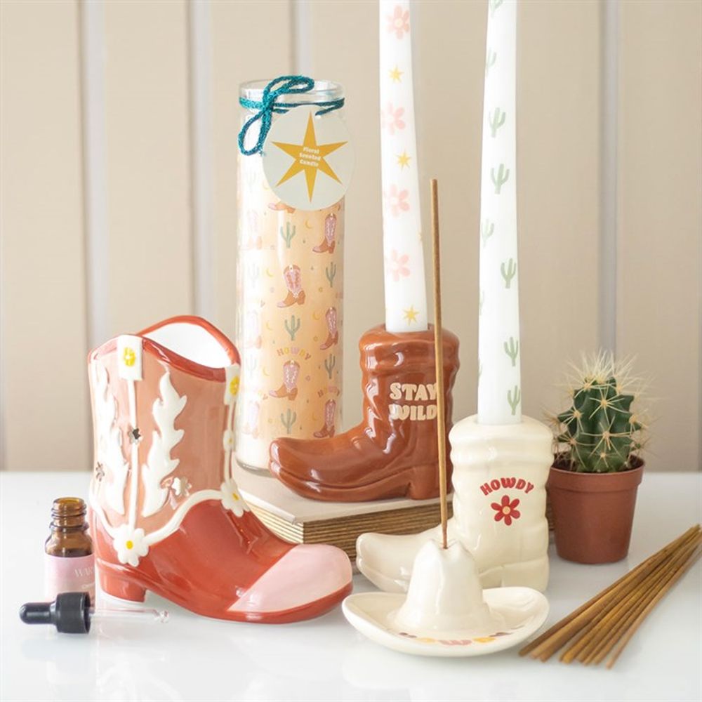 Howdy Cowboy Boot Print Floral Tube Candle